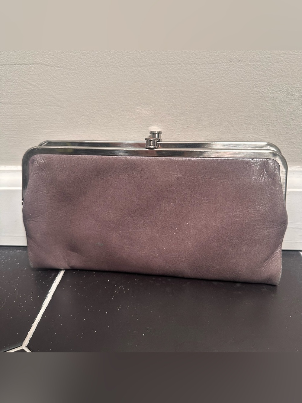 Hobo international Elegant gray Mauve Leather wallet with Silver Frame